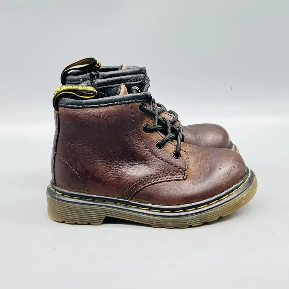 Dr Martens Boots Kids Boys 6 Brown Leather Brooklee Ankle Combat Lace Up Shoes